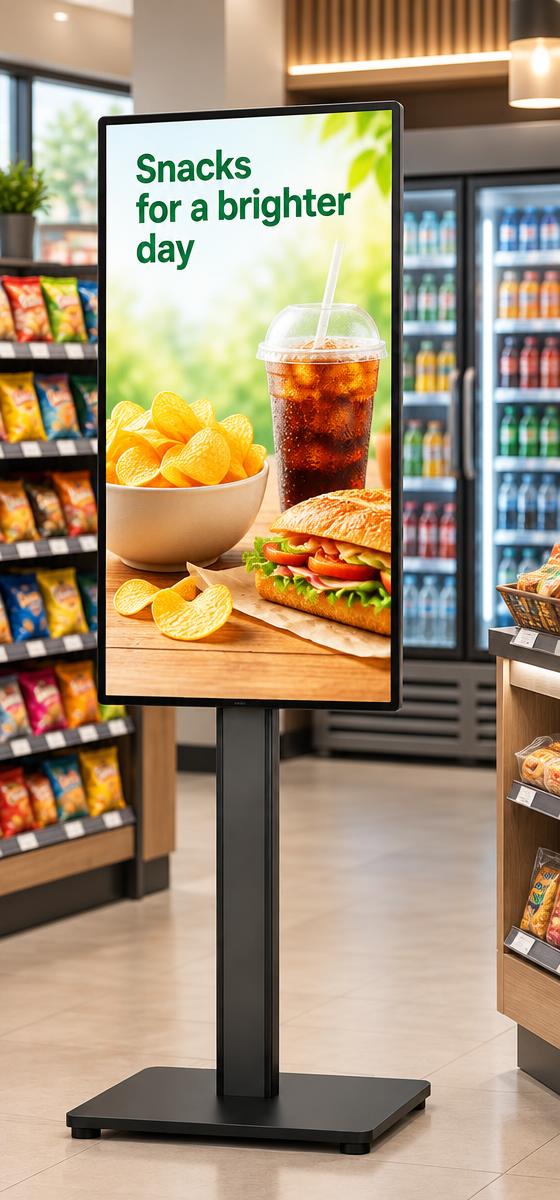 Full-length portrait digital advertising Node in a store