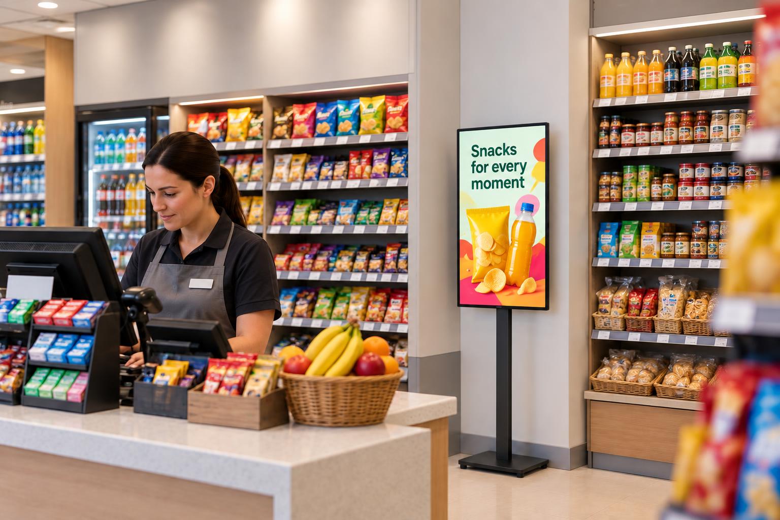 Shop assistant at the counter beside a digital advertising display